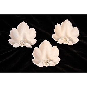 LOT of 3 Vtg PAPER WINDOWS Pottery Leaf Bowls White Cottage Roses Romantic